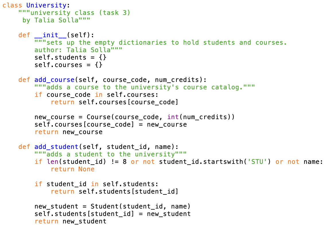 Python code snippet from the University class